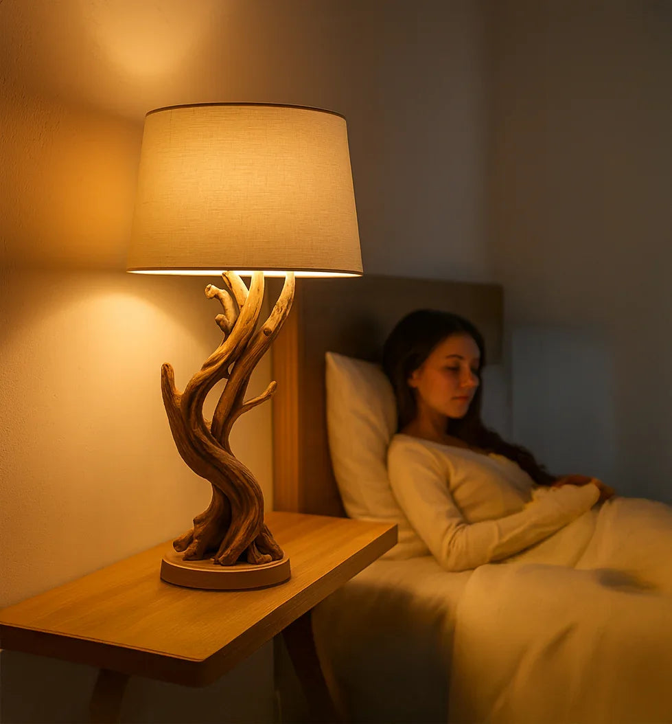Sculpted driftwood bedside lamp on wooden nightstand, woman resting in cozy bedroom