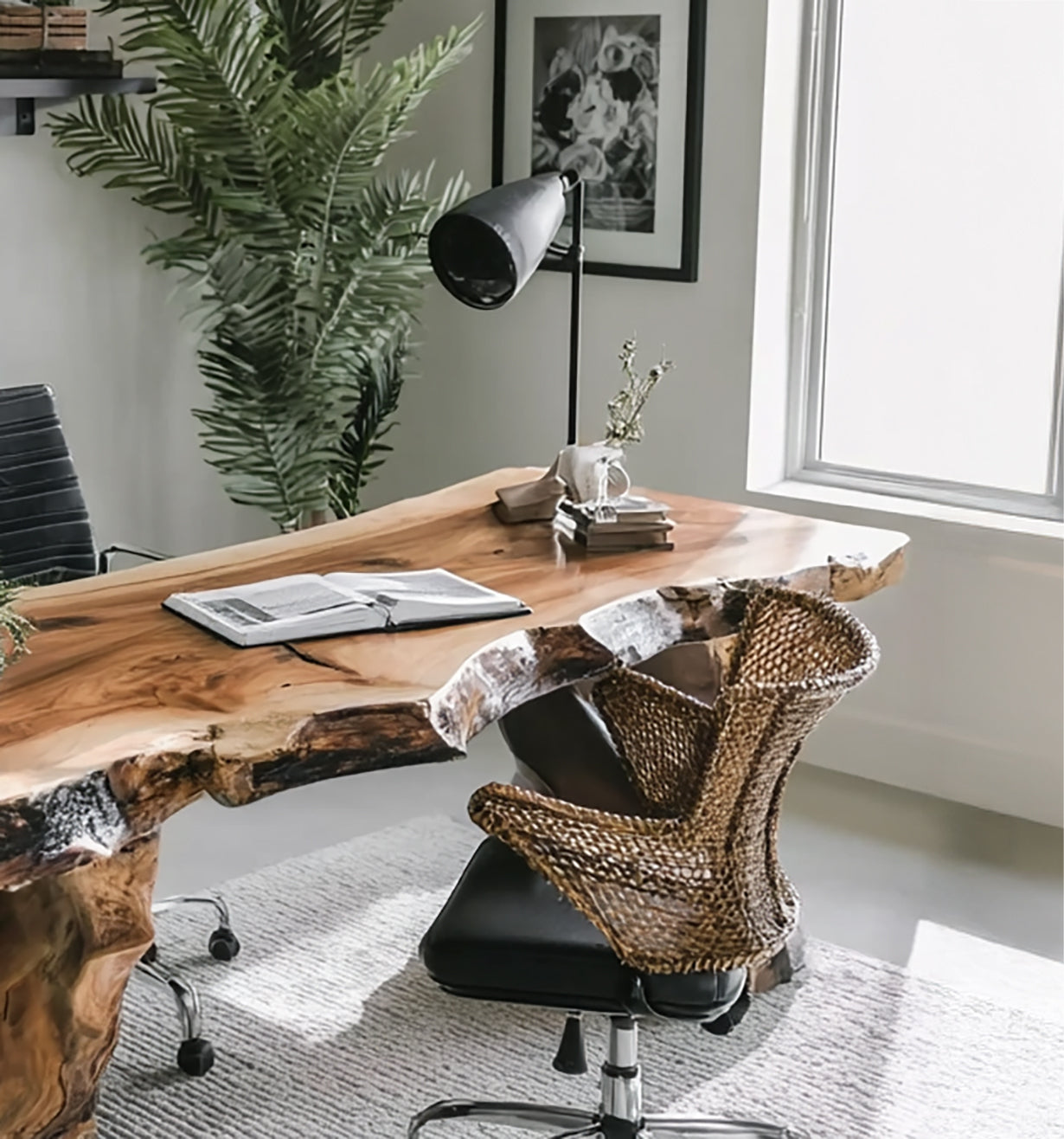 Modern office with live edge wood desk, woven rattan chair, black desk lamp, and indoor plant