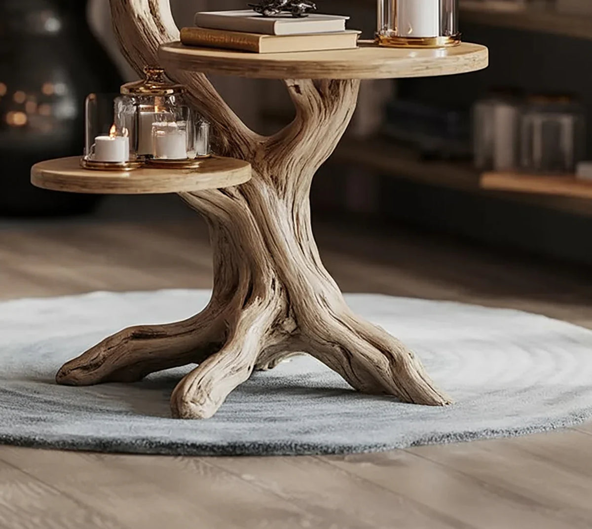 Live edge wood side table with natural tree trunk base, candles, and books, on a round rug