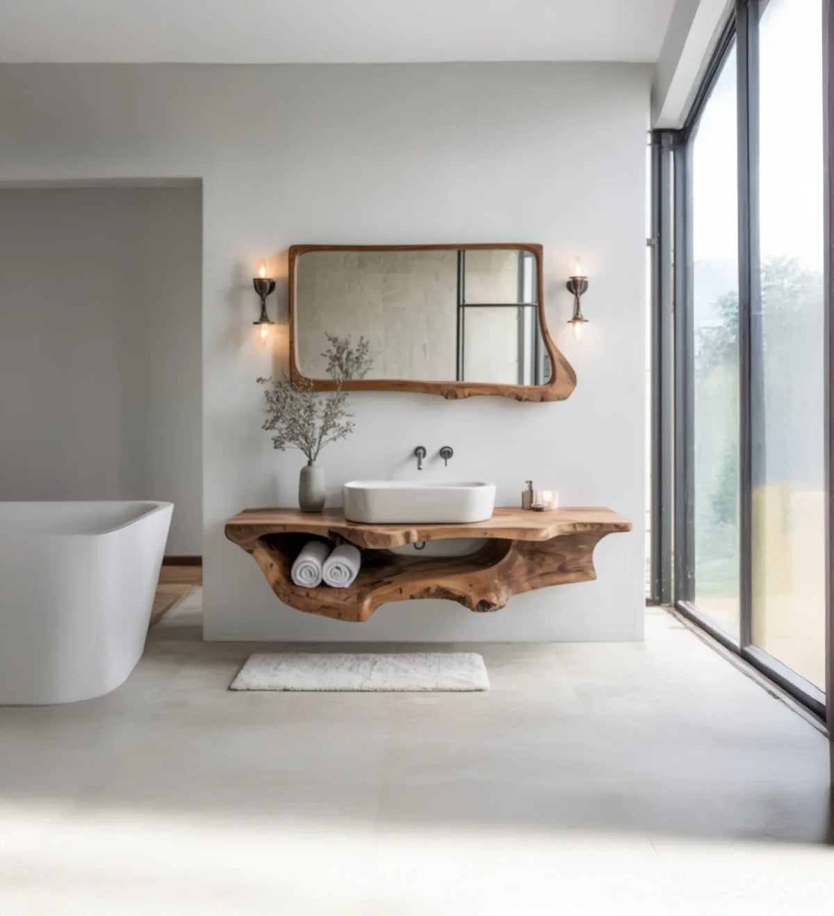 Minimalist bathroom with natural wood floating vanity, oval sink, large wooden mirror, and freestanding tub
