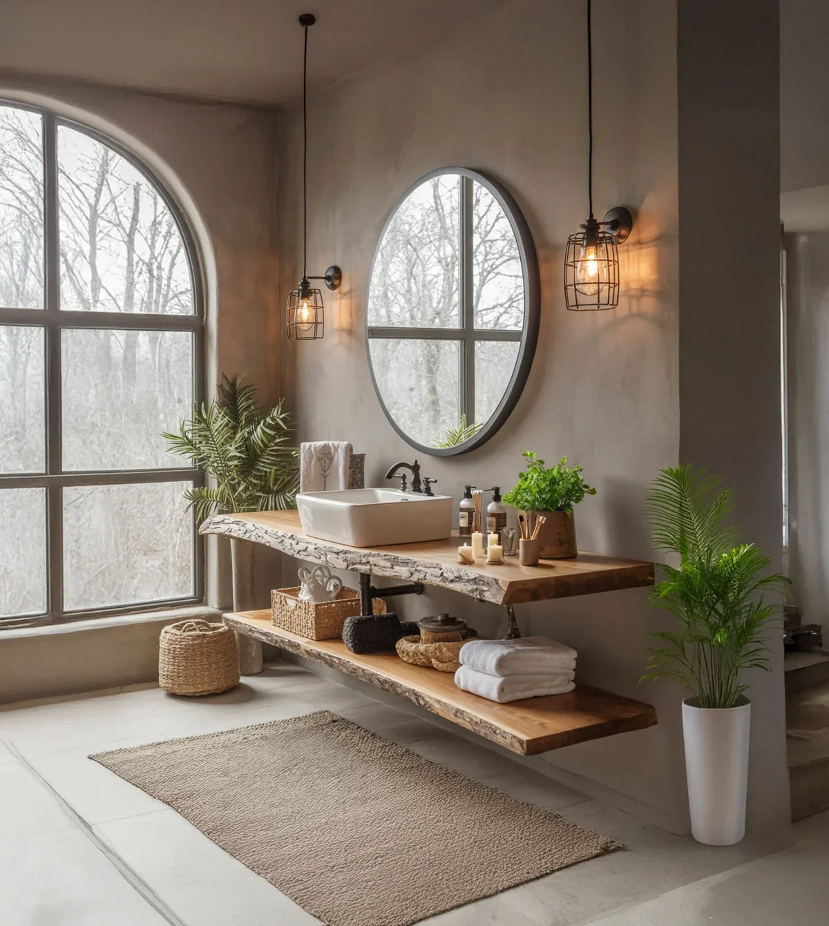 Modern bathroom with live edge wood vanity, vessel sink, round mirror, and greenery