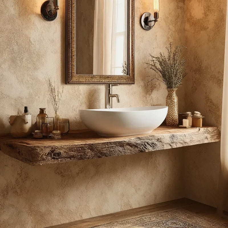 Rustic bathroom with live edge wood floating vanity, vessel sink, and decorative accents.