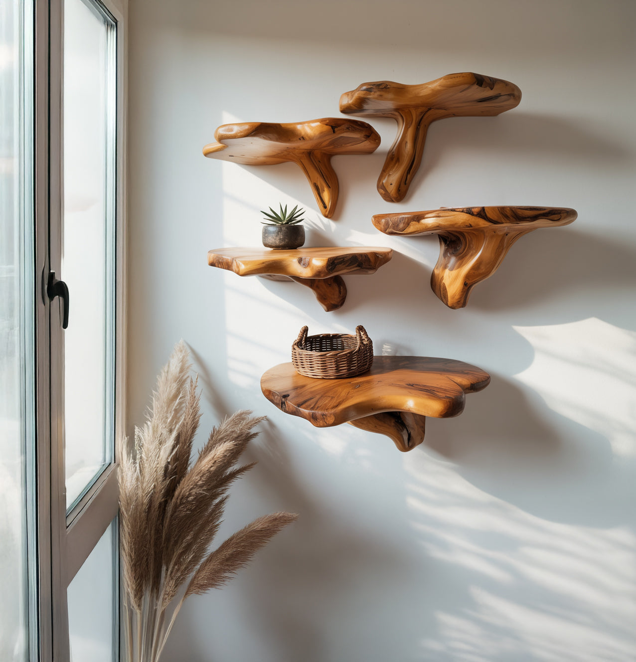 Wall-mounted natural wood floating shelves with wicker basket and succulent near window with pampas grass