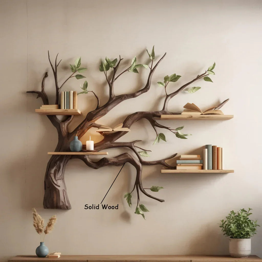 Solid wood tree bookshelf with floating shelves, books, decor, and green leaves on wall
