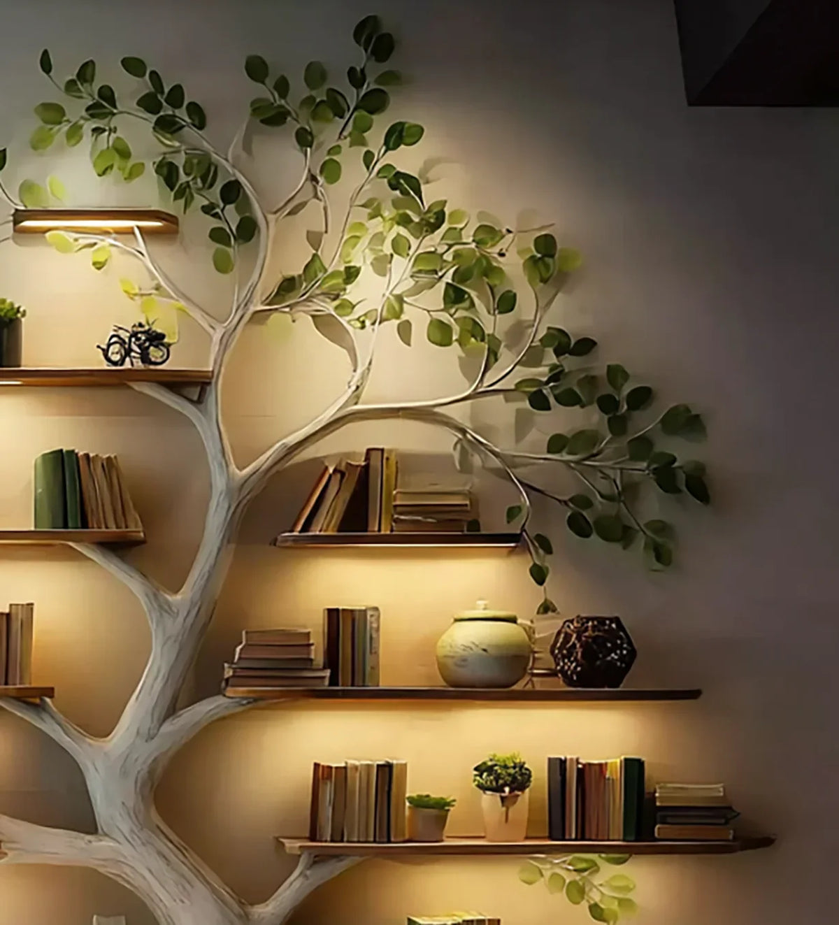 Decorative tree-shaped wall shelves with books, potted plants, and decorative items lit by warm lighting