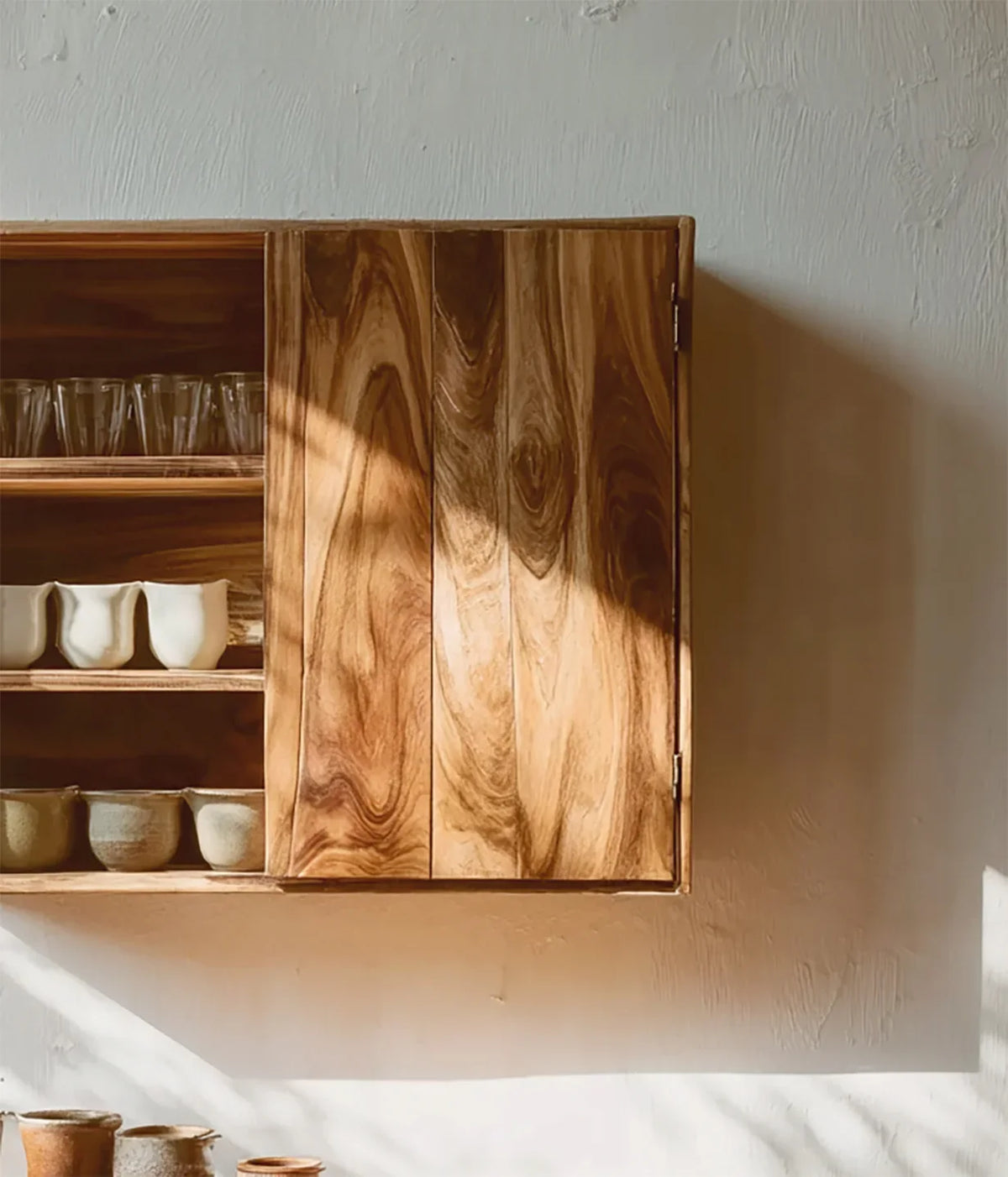 Solid wood wall-mounted cabinet with open shelves, displaying ceramic cups in natural light