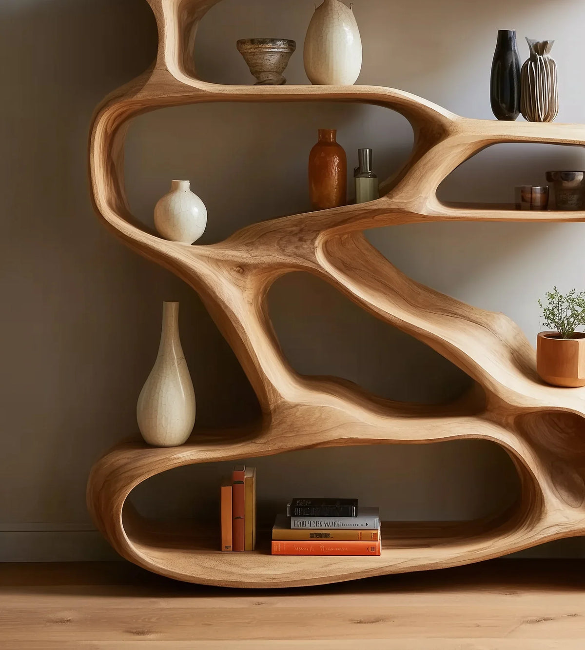 Organic shaped wooden shelf with assorted vases, a plant, and stacked books in a minimalist room