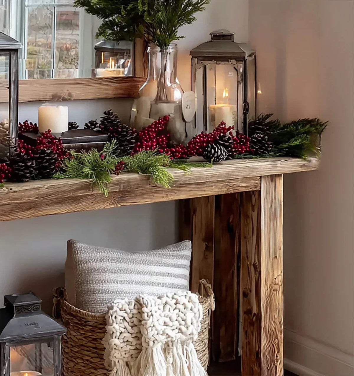 Rustic wooden table decorated with pinecones, red berries, candles in lanterns, and greenery next to a basket with a pillow and knit blanket