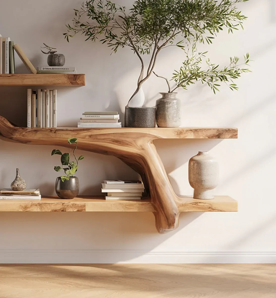 Natural wood floating shelves with green plants, decorative vases, and stacked books in minimalist interior
