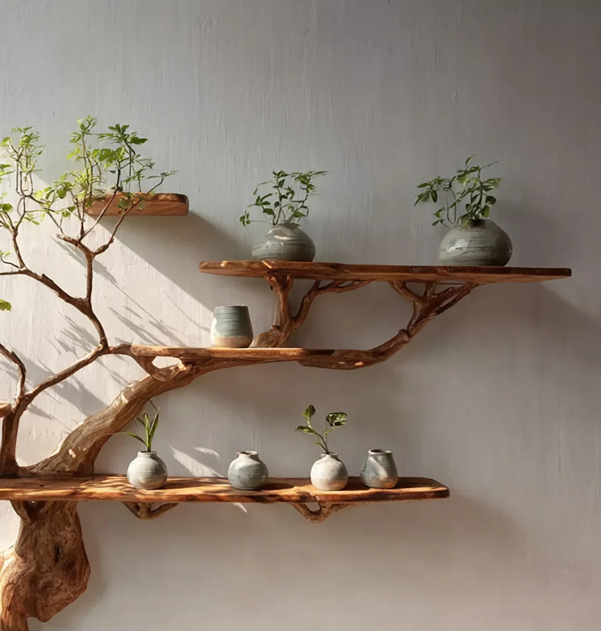 Natural wood tree branch shelves with small ceramic pots and green plants on white wall