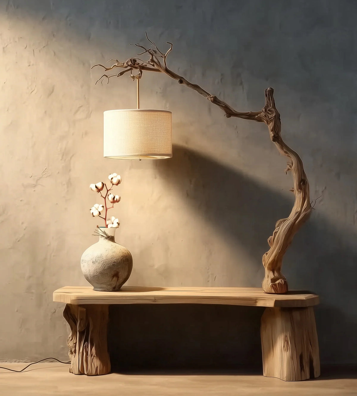 Live edge wooden bench with sculpted tree branch lamp and ceramic vase on rustic background