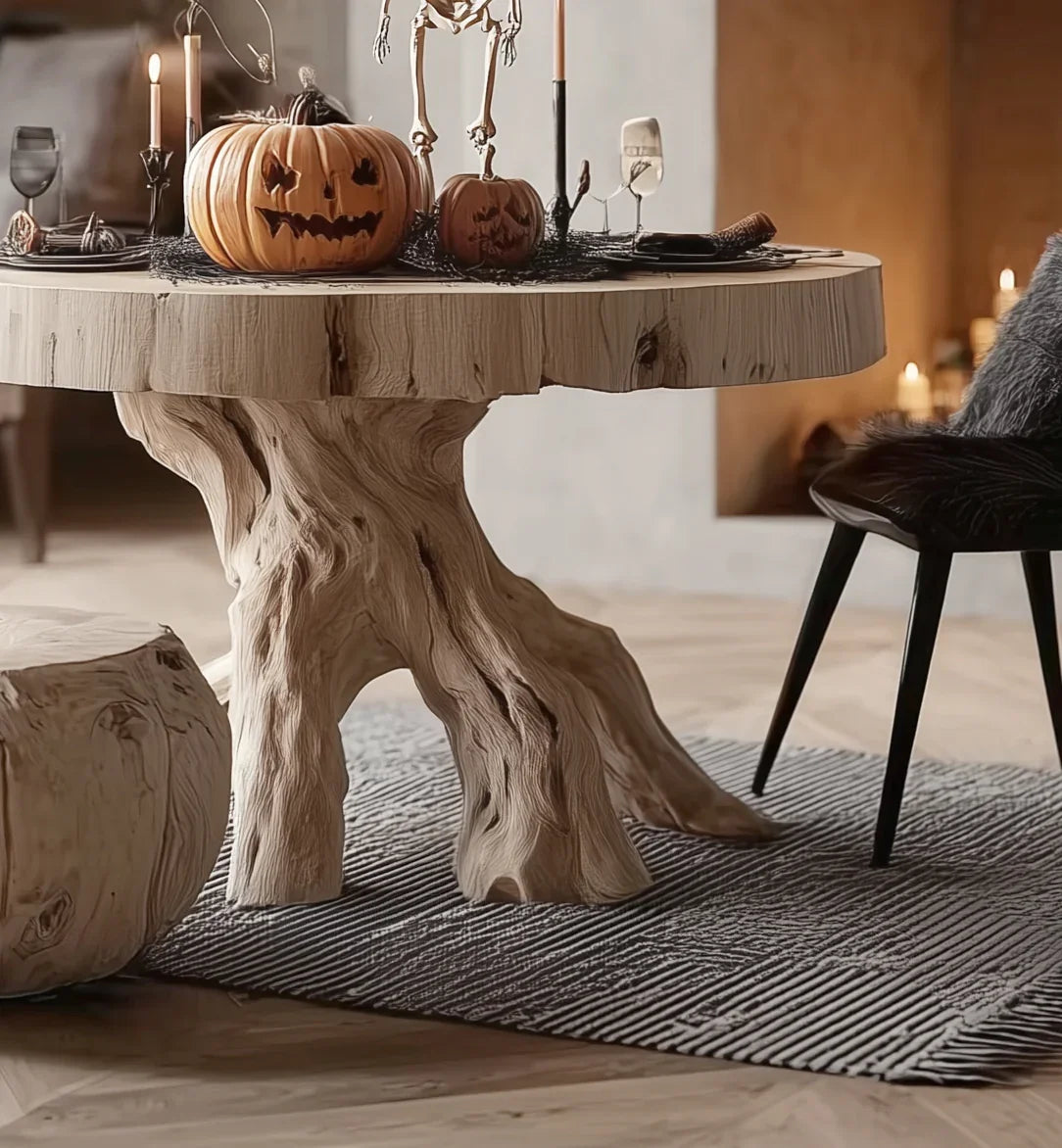 Rustic wooden table with carved pumpkin Halloween decorations and candles in cozy dining room
