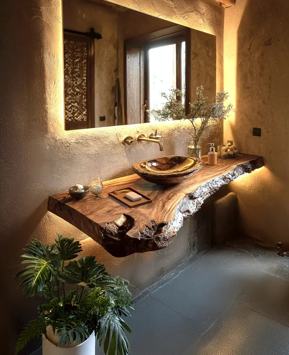 Live edge wood bathroom vanity with vessel sink, ambient lighting, and decorative plants