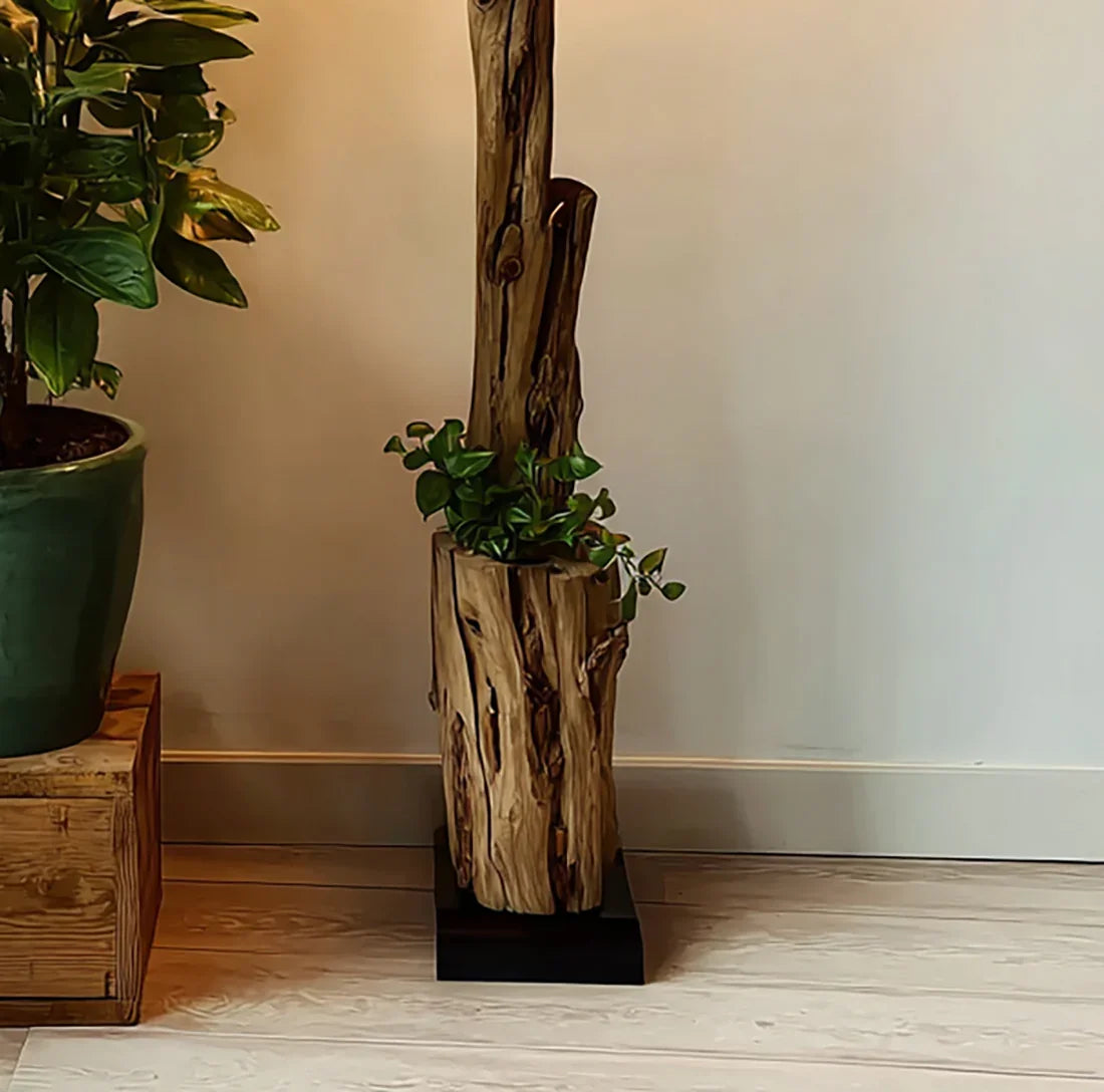 Sustainably crafted solid wood planter with green foliage on modern indoor floor