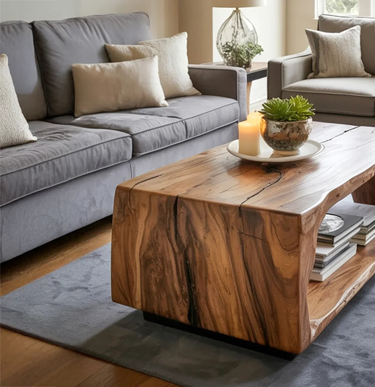 Modern living room with grey sofas and a natural wood coffee table featuring a candle and succulent plant