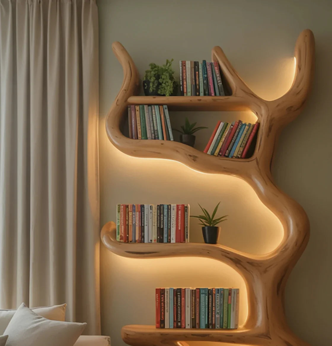 Modern wooden bookshelf shaped like a tree with built-in warm LED lights, decorated with books and small potted plants