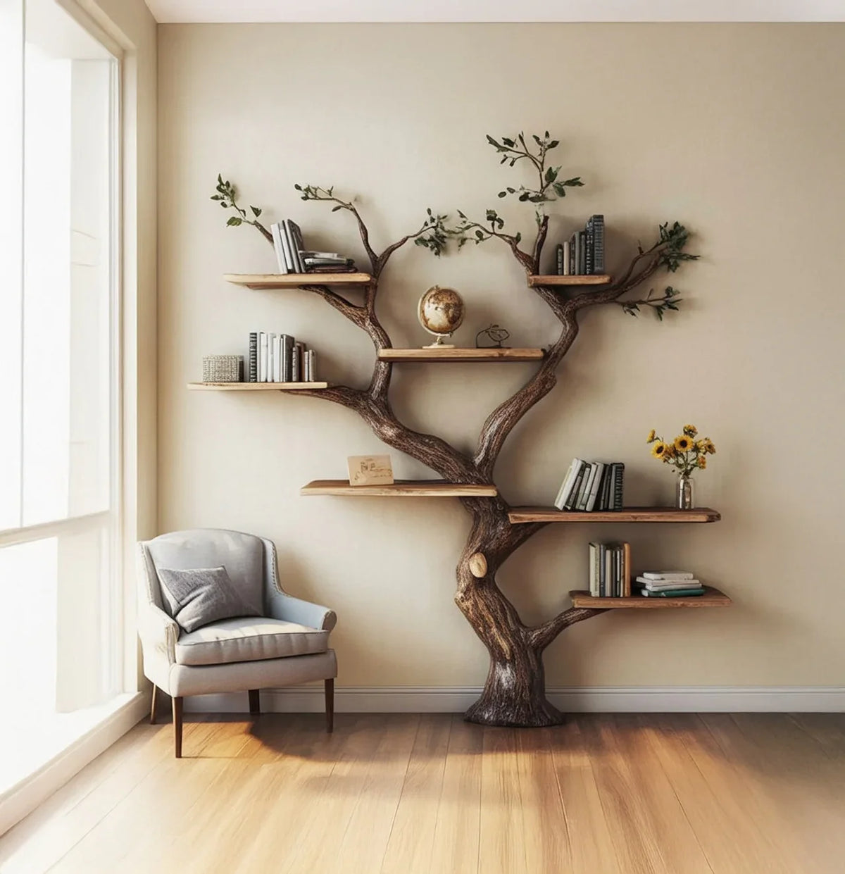 Modern living room with tree-shaped wooden bookshelf and gray armchair by bright window