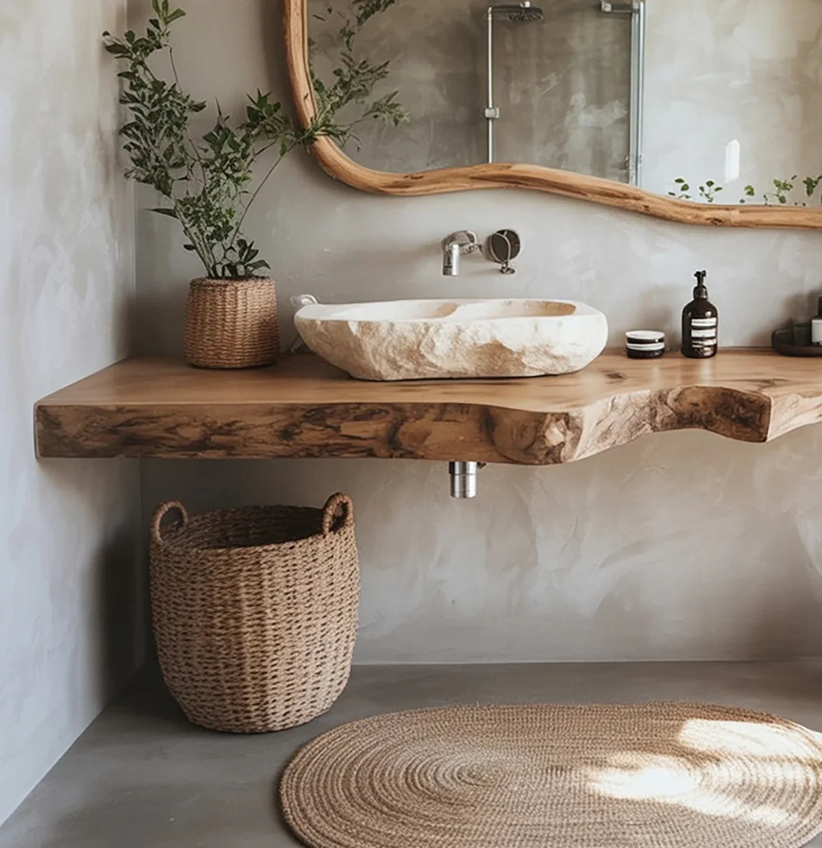 Live edge wood bathroom vanity with stone vessel sink, woven basket, and round jute rug