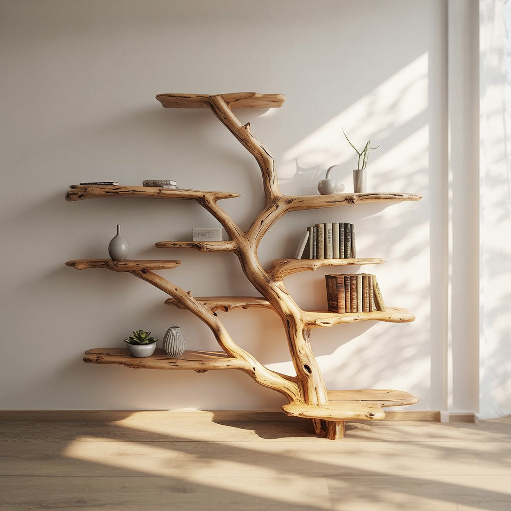 Handmade Tree Bookshelf – Live Edge Wooden Bookcase, Rustic Natural Wood Wall Decor