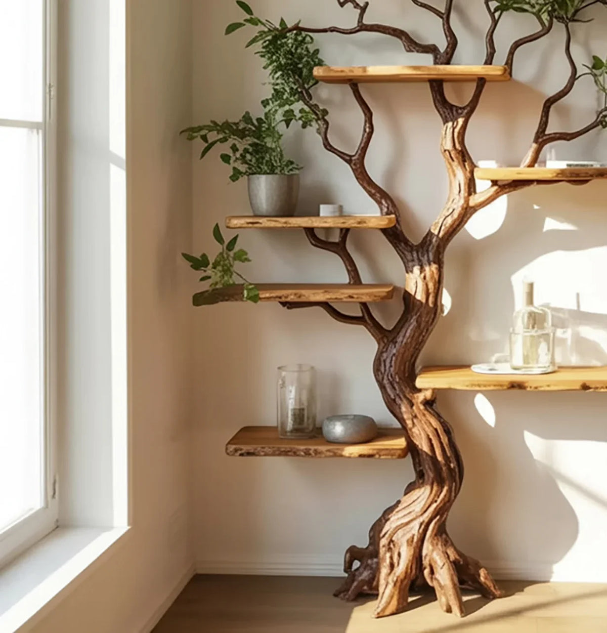 Rustic wooden tree-shaped shelving unit with potted plants and glass decor in sunlit corner