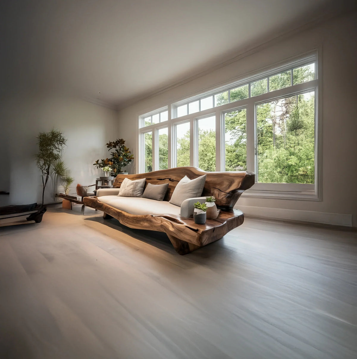 Live edge solid wood sofa with cushions in a bright modern living room, large windows, indoor plants.