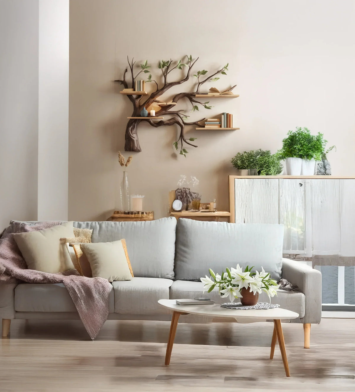 Modern living room with tree bookshelf wall decor, light gray sofa, and wood coffee table