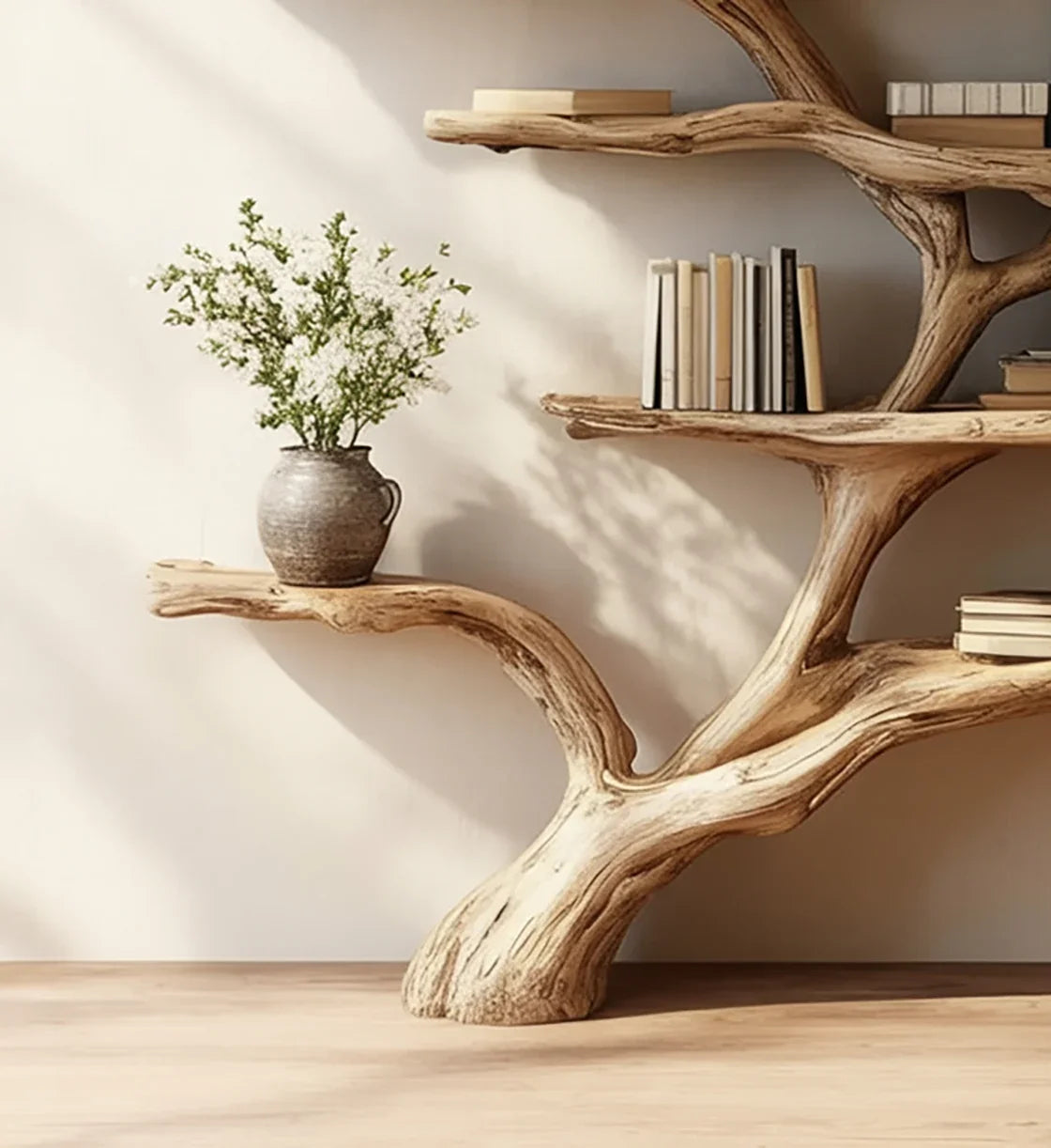 Natural wood bookshelf with books and a vase of white flowers, minimalist home decor