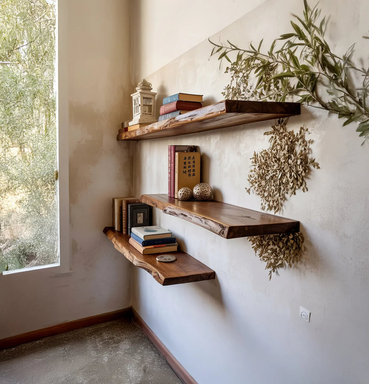Solid wood live edge floating shelves with books and decor in a natural light corner