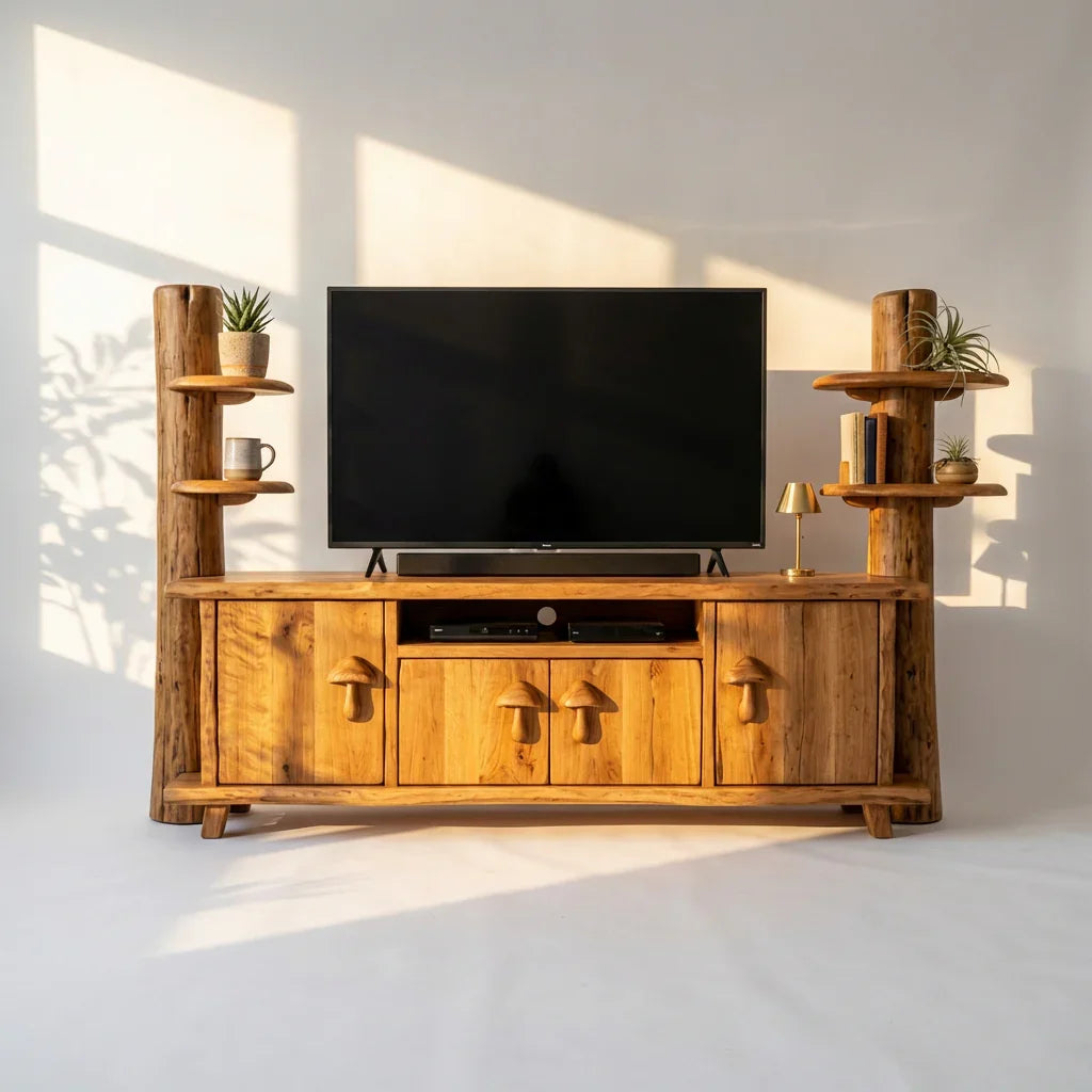 Mushroom Tree Trunk TV Stand with Carved Mushroom Handles, Handcrafted Solid Wood Entertainment Center with Side Shelves, Rustic Media Console for Living Room - Ashdeco 2026
