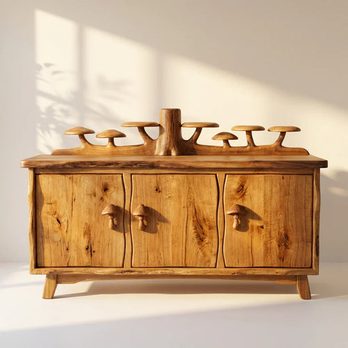 Mushroom Forest Sideboard with Carved Tree Trunk Back Display and Mushroom Door Handles, Handcrafted Solid Wood Credenza, Rustic Living Room Storage Cabinet