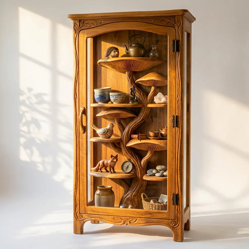 Mushroom Tree Glass Display Cabinet with Hand-Carved Tree Trunk Shelves and Vine-Carved Frame, Handcrafted Solid Wood Curio Cabinet for Living Room and Dining Room