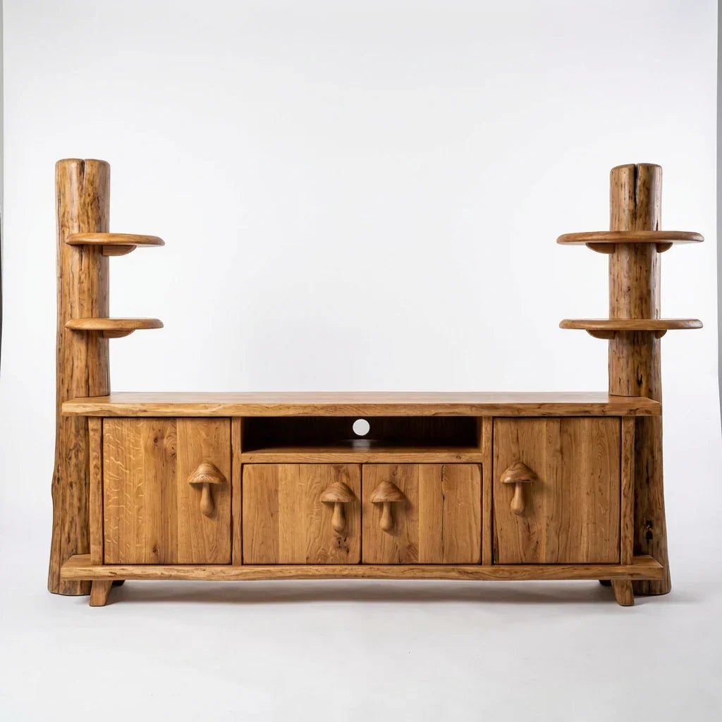 Mushroom Tree Trunk TV Stand with Carved Mushroom Handles, Handcrafted Solid Wood Entertainment Center with Side Shelves, Rustic Media Console for Living Room - Ashdeco 2026