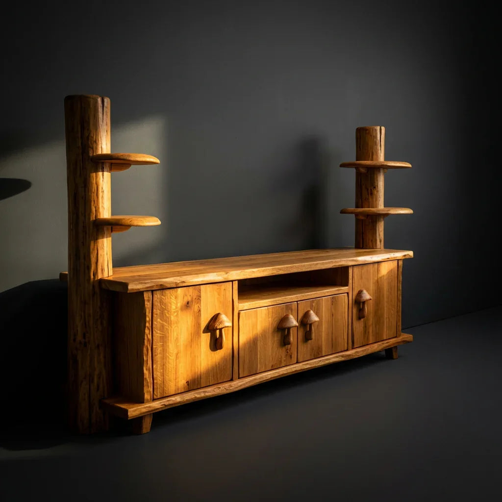 Mushroom Tree Trunk TV Stand with Carved Mushroom Handles, Handcrafted Solid Wood Entertainment Center with Side Shelves, Rustic Media Console for Living Room - Ashdeco 2026