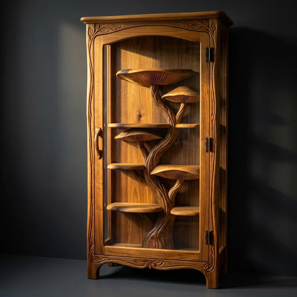 Mushroom Tree Glass Display Cabinet with Hand-Carved Tree Trunk Shelves and Vine-Carved Frame, Handcrafted Solid Wood Curio Cabinet for Living Room and Dining Room - Ashdeco 2026