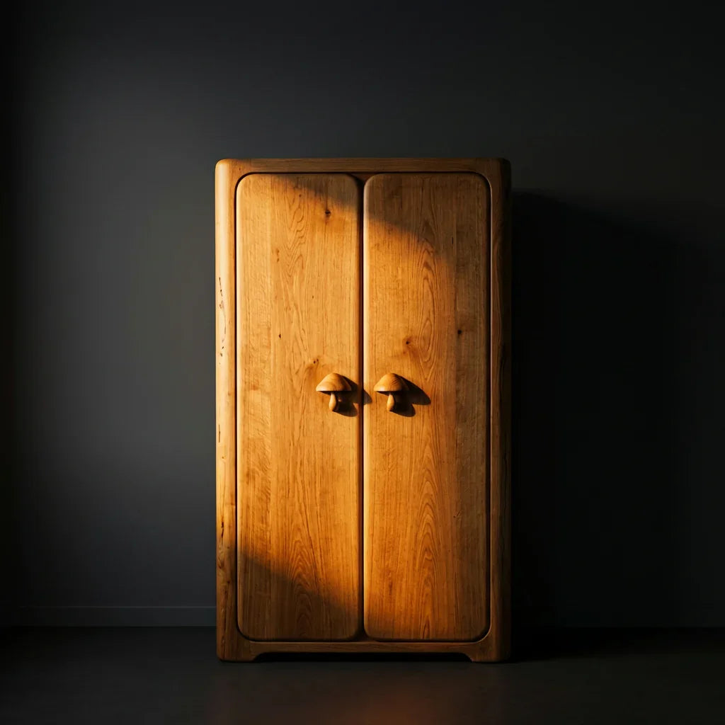 Mushroom Tall Cabinet with Carved Mushroom Top Sculpture and Mushroom Door Handles, Handcrafted Solid Wood Armoire, Minimalist Storage Wardrobe for Bedroom and Living Room - Ashdeco 2026