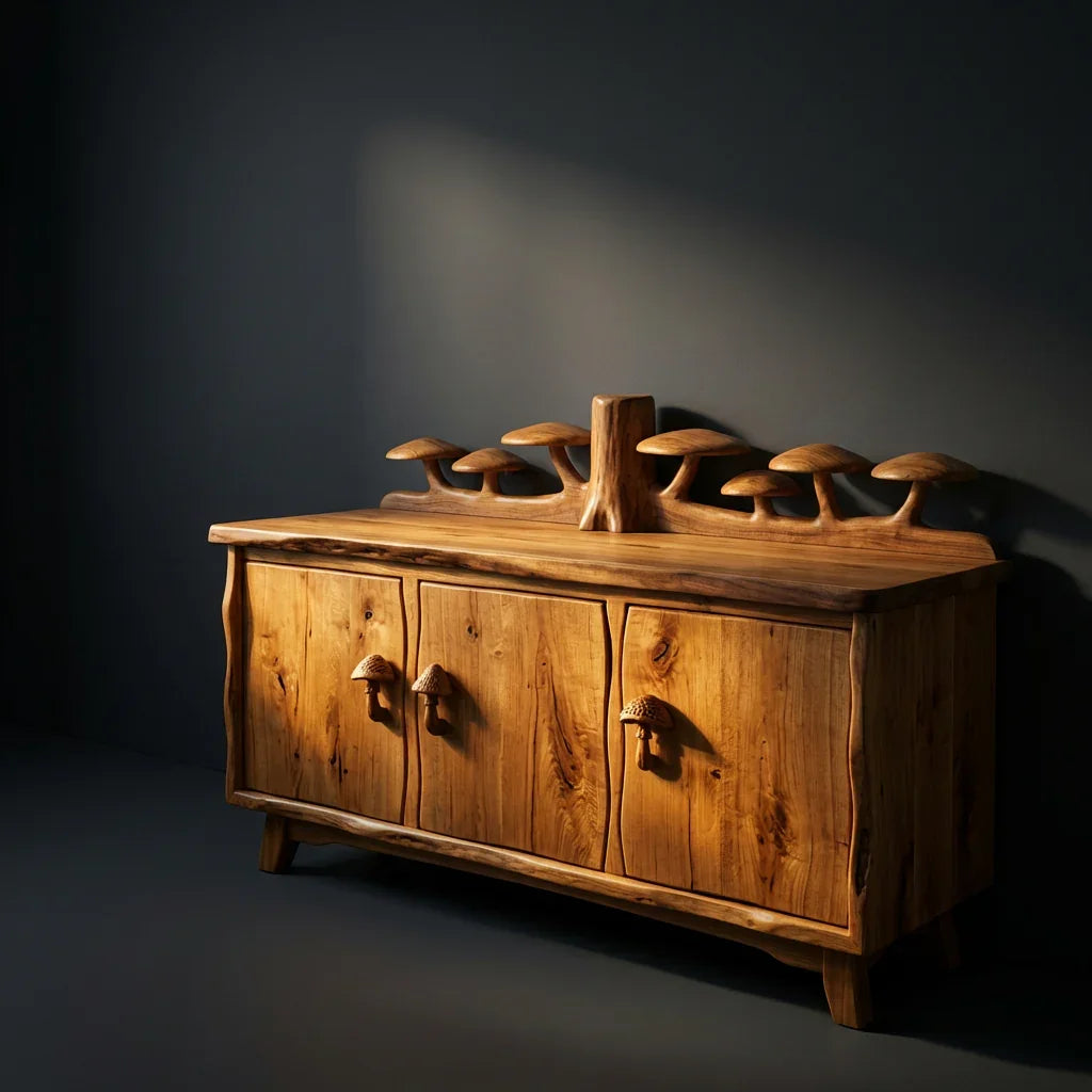 Mushroom Forest Sideboard with Carved Tree Trunk Back Display and Mushroom Door Handles, Handcrafted Solid Wood Credenza, Rustic Living Room Storage Cabinet - Ashdeco 2026
