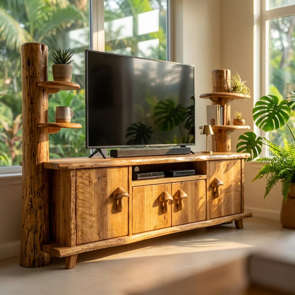Mushroom Tree Trunk TV Stand with Carved Mushroom Handles, Handcrafted Solid Wood Entertainment Center with Side Shelves, Rustic Media Console for Living Room - Ashdeco 2026