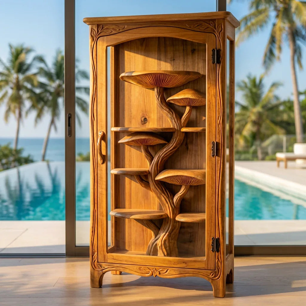 Mushroom Tree Glass Display Cabinet with Hand-Carved Tree Trunk Shelves and Vine-Carved Frame, Handcrafted Solid Wood Curio Cabinet for Living Room and Dining Room - Ashdeco 2026