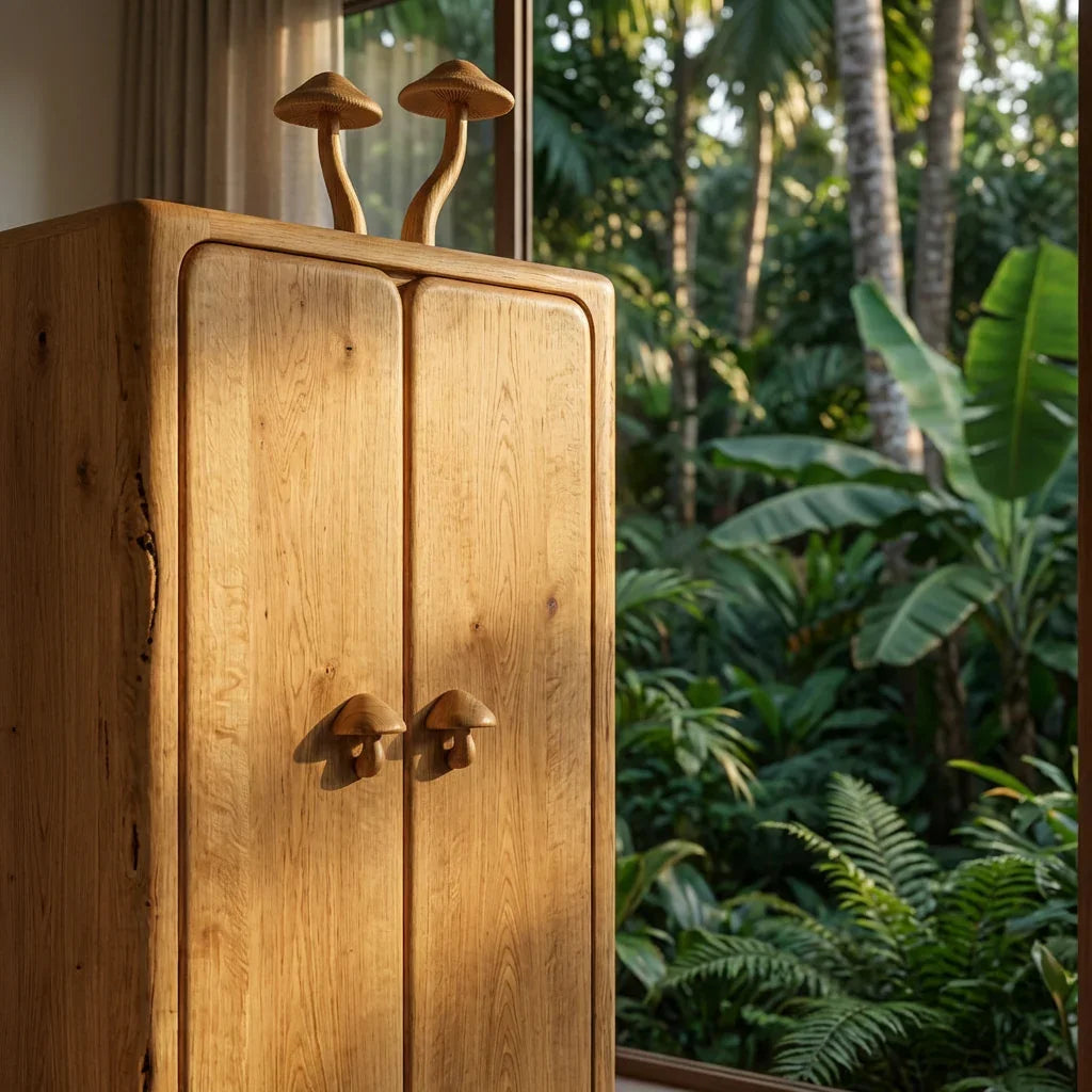 Mushroom Tall Cabinet with Carved Mushroom Top Sculpture and Mushroom Door Handles, Handcrafted Solid Wood Armoire, Minimalist Storage Wardrobe for Bedroom and Living Room - Ashdeco 2026