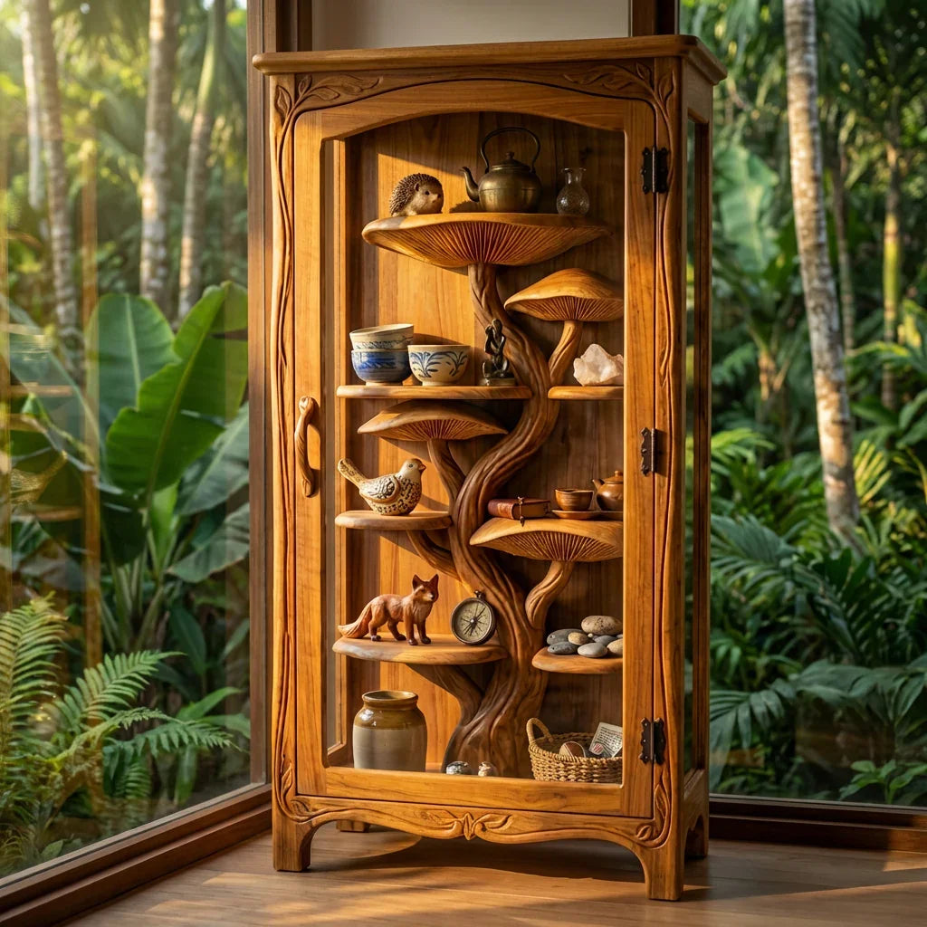 Mushroom Tree Glass Display Cabinet with Hand-Carved Tree Trunk Shelves and Vine-Carved Frame, Handcrafted Solid Wood Curio Cabinet for Living Room and Dining Room - Ashdeco 2026