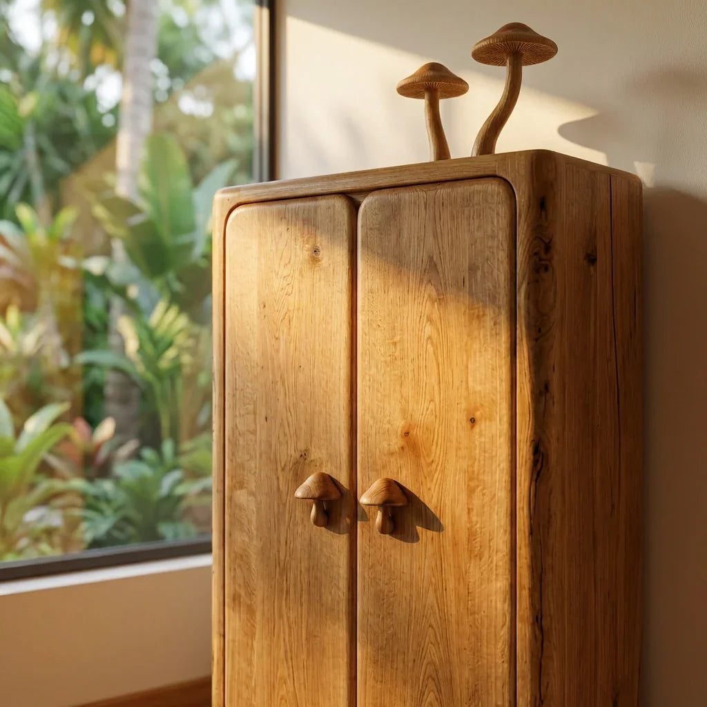 Mushroom Tall Cabinet with Carved Mushroom Top Sculpture and Mushroom Door Handles, Handcrafted Solid Wood Armoire, Minimalist Storage Wardrobe for Bedroom and Living Room - Ashdeco 2026