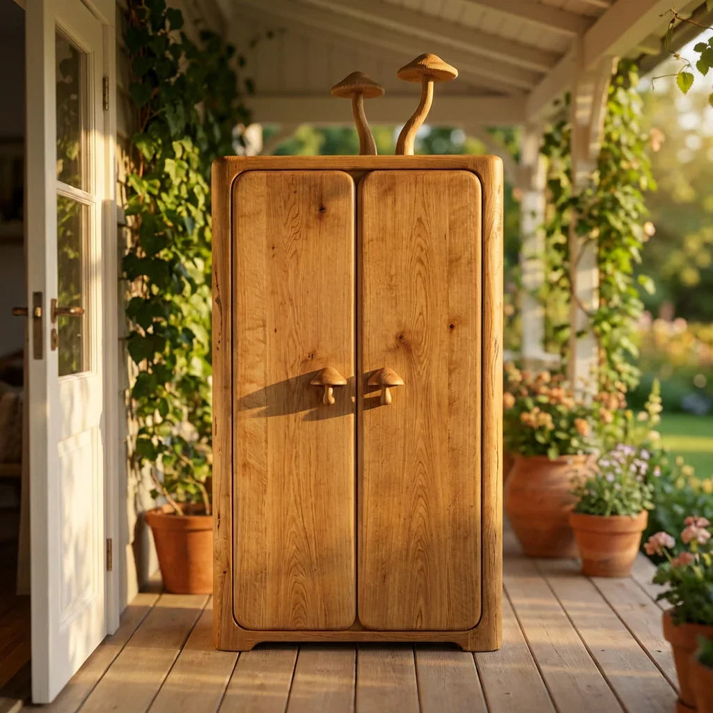 Mushroom Tall Cabinet with Carved Mushroom Top Sculpture and Mushroom Door Handles, Handcrafted Solid Wood Armoire, Minimalist Storage Wardrobe for Bedroom and Living Room - Ashdeco 2026