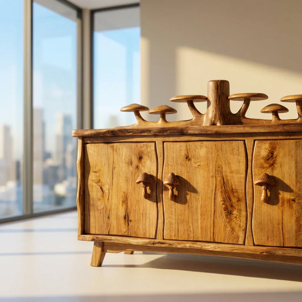 Mushroom Forest Sideboard with Carved Tree Trunk Back Display and Mushroom Door Handles, Handcrafted Solid Wood Credenza, Rustic Living Room Storage Cabinet - Ashdeco 2026