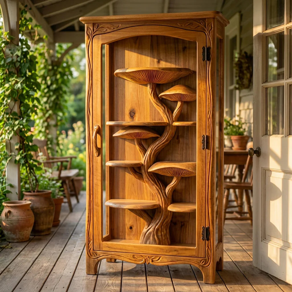 Mushroom Tree Glass Display Cabinet with Hand-Carved Tree Trunk Shelves and Vine-Carved Frame, Handcrafted Solid Wood Curio Cabinet for Living Room and Dining Room - Ashdeco 2026