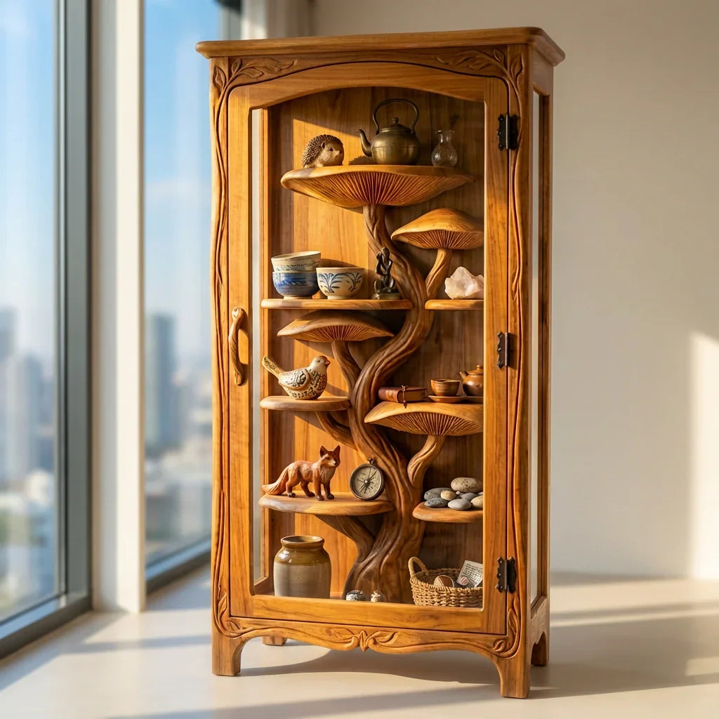 Mushroom Tree Glass Display Cabinet with Hand-Carved Tree Trunk Shelves and Vine-Carved Frame, Handcrafted Solid Wood Curio Cabinet for Living Room and Dining Room - Ashdeco 2026