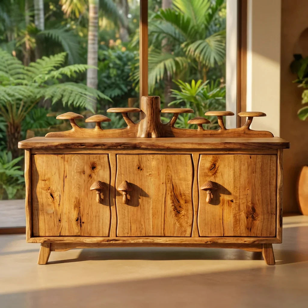 Mushroom Forest Sideboard with Carved Tree Trunk Back Display and Mushroom Door Handles, Handcrafted Solid Wood Credenza, Rustic Living Room Storage Cabinet - Ashdeco 2026