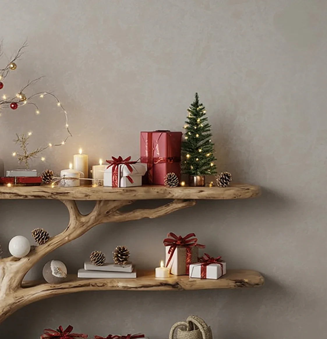 Live edge wooden tree bookshelf decorated with holiday gifts, candles, ornaments, and pinecones