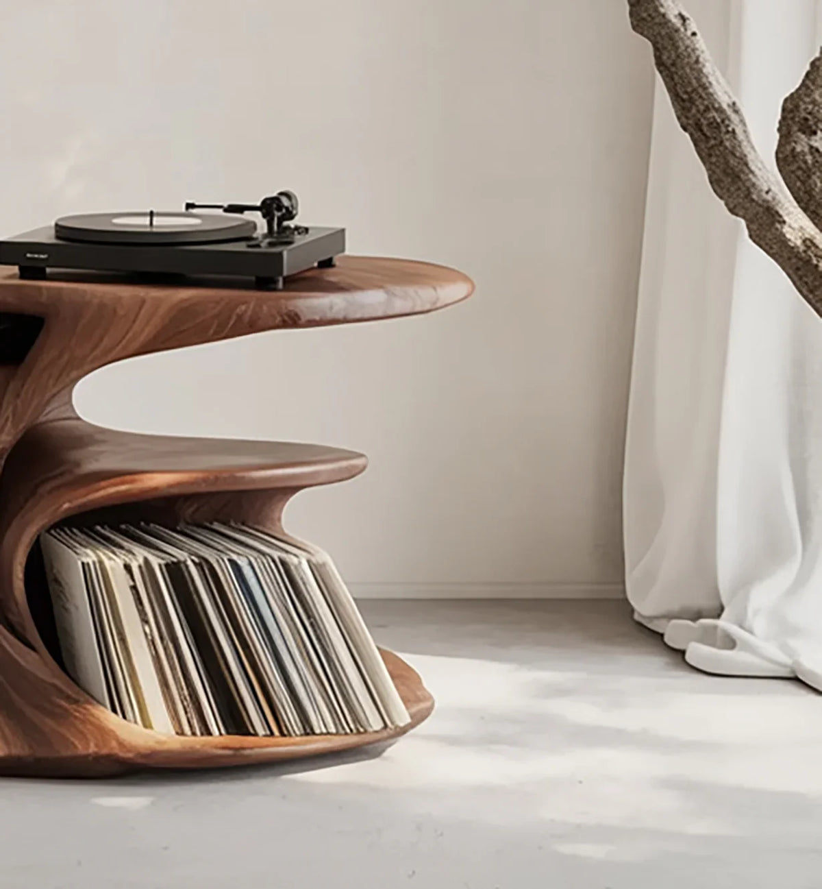 Modern wooden record player table with vinyl records storage and turntable in bright room