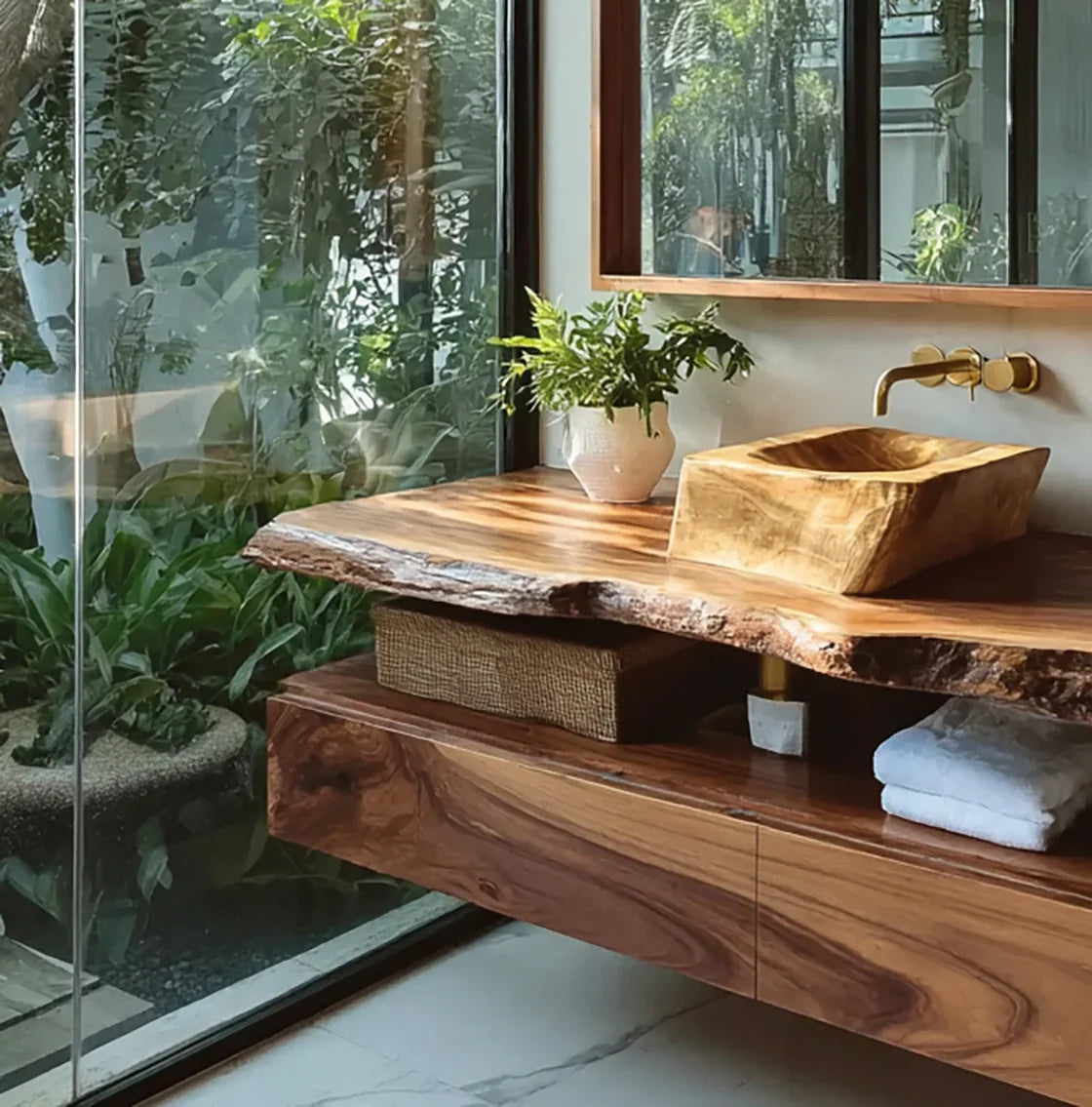 Live edge solid wood bathroom vanity with modern vessel sink, beside a glass window and indoor plants