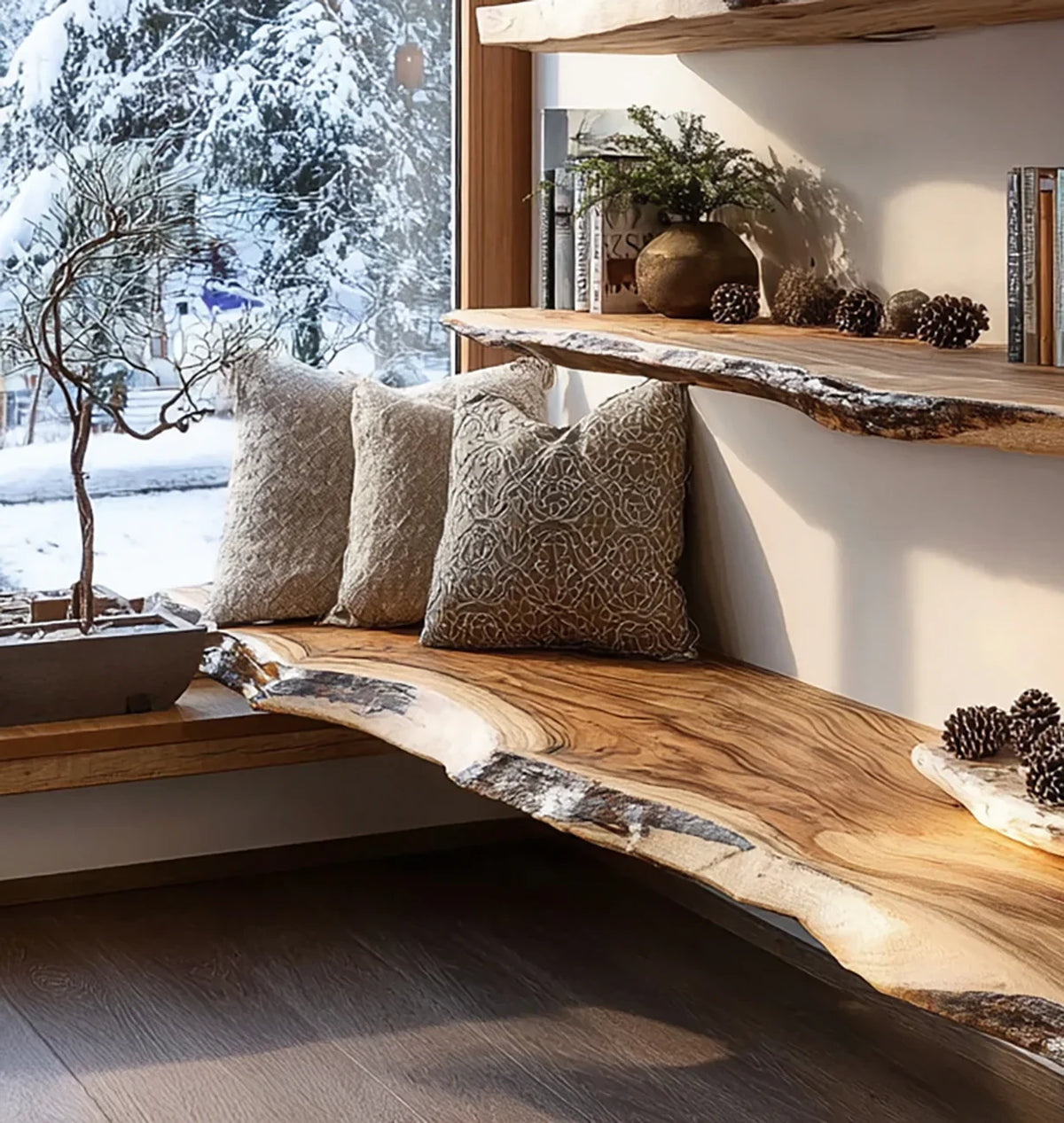 Live edge solid wood bench with textured pillows, floating shelves and pinecones by snowy window